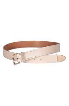 Metallic hardware tips the end of this creamy-hued belt crafted from soft leather and cinched with a simple pin buckle. Leather Imported Beige Leather Belt, Beige Leather Belt With Removable Feature, Beige Leather Belt With Removable Buckle, Black Leather Belt With Gold-tone Hardware, Luxury Leather Belt With Gold-tone Hardware, Simple Pins, All Saints, Leather Belt, Soft Leather