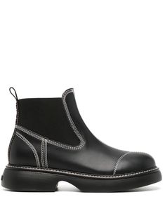 black calf leather contrast stitching pull-tab at the heel round toe elasticated side panels slip-on style branded insole flat rubber sole Black Leather Slip-on Boots, Leather Boots With Contrast Stitching, Black Leather Chelsea Boots With Contrast Sole, Black Chelsea Boots With Stitched Sole In Calf Leather, Slip-on Boots With Stitched Sole In Calf Leather, Stitching Leather, Black Leather Boots, Side Panels, Contrast Stitch