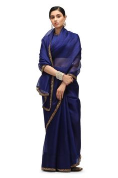 Ink blue woven organza silk saree with lace detailing border. Comes along with a running blouse piece. - Aza Fashions Saree Organza, Dhoti Saree, Cotton Sarees Handloom, Organza Silk Saree, Embroidered Saree, Blue Saree, Lehenga Saree, Ink Blue, Blouse For Women