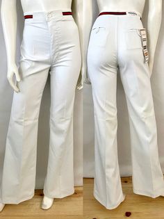 "Vintage 70's Deadstock, Maverick, White, High Waisted, Bell Bottom, Pants (XXS, XS, S, M) These 1970's Ladies bell bottom pants come in white cotton/polyester blend and are high waisted with a front zipper and single button closure and have a bell bottom flare leg with a pressed seam. 65% Polyester 35% Cotton Made in USA *These pants are deadstock and unworn with tags attached. Size: (XXS/XS/S/M) Modern Day 00/0/2/4/6 (Tag Size: 3, 5, 7, 9, 11) Waist: 22, 23, 25, 26\" (on your actual waist) Hip White Stretch High Waist Flare Jeans, White Flare Wide Leg Cotton Pants, White Flared Wide Leg Cotton Pants, White Wide Leg Flares For Spring, White Flare Full Length Jeans For Spring, White Full-length Flare Jeans For Spring, White Full Length Flare Jeans For Spring, Retro Fitted Cotton Flares, Fitted High Waist Cotton Flares