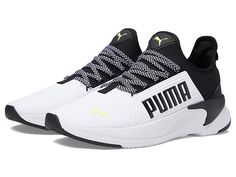 PUMA Softride Premier Slip-On - Men's Shoes : Puma White/Puma Black/Yellow Alert : Hook everyone's attention wearing the sporty and casual PUMA Softride Premier Slip-On sneakers. Textile and synthetic upper. Textile lining. Removable textile insole. IMEVA midsole. SoftFoam+ footbed for optimum comfort. SoftRide foam heel for providing extreme cushioning. Sculpted collar for security. Stretch laces. Pull tab on the back. Round toe. Slip-on closure with laces. Synthetic outsole. Imported. Measurem Slip-resistant Textile Sneakers For Running, Technical Lace-up Training Sneakers, Athleisure Training Sneakers With Laces, High-top Running Shoes With Laces For Training, Sporty White Slip-resistant Running Shoes, White Slip-resistant Sporty Running Shoes, Lace-up Running Shoes For Training, Training Running Shoes With Laces, Textile Slip-resistant Sneakers For Streetwear