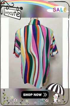 Green Striped Print Pullover Short Sleeve Shirt Trendy Multicolor Relaxed Fit Tops, Multicolor Retro Tops With Relaxed Fit, Multicolor Retro Relaxed Fit Top, Multicolor Relaxed Retro Tops, Multicolor Crew Neck Blouse With Relaxed Fit, Trendy Multicolor Crew Neck Blouse, Retro Striped V-neck Top, Multicolor Collared Top For Spring, Green Collared Tops With Graphic Print