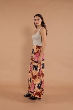 Introducing our Ranchi Straight Maxi Skirt, featuring a playful and unique print that adds a touch of whimsy to your wardrobe. Effortlessly elevate your style with this must-have piece, perfect for any occasion. Embrace individuality and make a statement with our exclusive skirt. Style #R5100-64NH-112 Chic Patterned Bottoms For Vacation, Spring Vacation Skirt With Vibrant Print, Spring Printed Maxi Skirt, Chic Long Printed Skirt, Floral Print Flowy Skirt For Day Out, Patterned Skirt For Vacation In Spring, Floral Print Long Skirt For Day Out, Patterned Skirt For Spring Vacation, Summer Printed Patterned Skirt