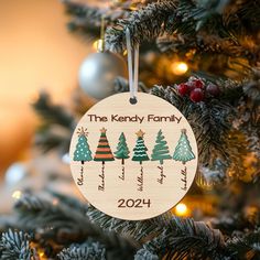 a wooden ornament hanging from a christmas tree with the family name on it