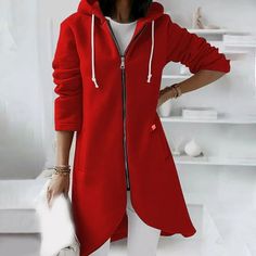 Please kindly noted that this item is sold by Minukebu from Joybuy marketplace. Hoodies for Women KONBECA Women's Solid Color Zip up Hoodie, Long Irregular Hem Long Coat, Plus Size Winter Warm Sweatshirts Jackets Hoodies Outerwear with Pockets Color: Red.  Gender: female.  Age Group: adult. Styling Hoodies, Hoodie Fabric, Winter Pullover, Hoodie Cardigan, Sweatshirt Zipper, Solid Clothes, Long Hoodie, Blue Jacket, Pullover Sweatshirts