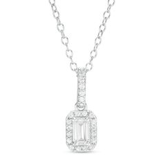 A marvelous must-have, this diamond pendant is meant to be hers. Crafted in 14K white gold, this fancy-shape style features a 3/8 ct. emerald-cut diamond. Additional diamonds line the octagonal frame and the linear bail. Captivating with 1/2 ct. t.w. of diamonds and a bright polished shine, this pendant suspends along an 18.0-inch cable chain that secures with a spring-ring clasp. White Diamond Necklace With Baguette Cut, White Diamond Baguette Pendant Necklace, White Diamond Necklace With Baguette Cut Accents, White Diamond Pendant Necklace With Baguette Diamonds, White Diamond Baguette Cut Necklace, White Emerald Cut Diamond Necklace With Accents, White Diamond Cut Necklace, White Baguette Cut Diamond Necklace With Accents, White Emerald Cut Diamond Necklace