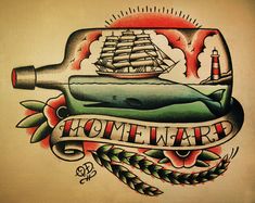 Ship and Whale in a Bottle Nautical Tattoo by ParlorTattooPrints, $26.00 Traditional Tattoo Prints, Flash Art Tattoos, Ship In Bottle, Bottle Tattoo, Kunst Tattoos, Tattoo Old School, Muster Tattoos, Nautical Tattoo