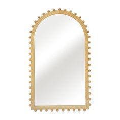 an arched mirror with beaded trimmings on the sides and a wooden frame