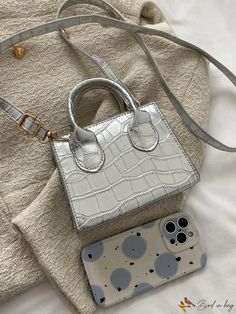 BirdinBag - Compact Metallic Square Bag with Crocodile Embossed Design Casual Rectangular Bag With Crocodile Pattern, Trendy Rectangular Bag With Crocodile Pattern, Casual Silver Rectangular Bag, Square Bags With Crocodile Pattern, Silver Rectangular Satchel With Adjustable Strap, Silver Rectangular Casual Bag, Silver Crocodile Pattern Rectangular Shoulder Bag, Square Crocodile Pattern Bag For Daily Use, Crocodile Print