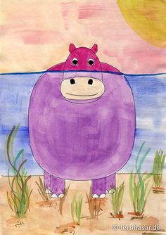 a drawing of a purple hippo standing in the sand