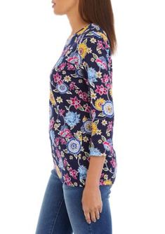 A retro print adds bold vibes to this Kim Rogers top. | Kim Rogers Women's 3/4 Sleeve Printed Top, Navy Blue, Large Blue Trendy Top With 3/4 Sleeves, Spring Cotton Tops With Bold Print, Spring Crew Neck Tops With Vibrant Print, Fitted Floral Print Top With 3/4 Sleeves, Cotton Tops With Bold Print For Spring, Blue Bold Print Long Sleeve Tops, Blue Half-sleeve Top With Graphic Print, Summer 3/4 Sleeve Tops With Graphic Print, Blue Half Sleeve Top With Graphic Print