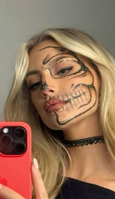 #makeup #makeupoftheday #makeuplover #skull Fun Makeup Costume, Skull Halloween Costume Outfits, Halloween Makeup Ideas Skeleton, Skull Face Halloween Makeup, Sparkly Skeleton Makeup, Half Skull Half Face Makeup, Skeleton Rhinestone Makeup, Womens Skull Makeup