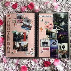 two books with pictures on them sitting on a lace doily next to pink flowers