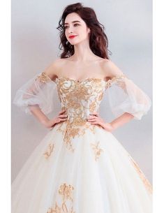 Classic Gold With White Ball Gown Princess Wedding Dress Off Shoulder Wholesale #T69025 - GemGrace.com Elegant Quinceanera Gown With Sweetheart Neckline, Gold Gown With Fitted Bodice For Quinceanera, Tulle Wedding Dress For Prom Season Banquet, Banquet Gown With Sweetheart Neckline And Lace, Sweetheart Neckline Lace Gown For Banquets, Banquet Gown With Sweetheart Neckline In Lace, Lace Gown With Sweetheart Neckline For Banquet, Tulle Wedding Dress For Banquet Or Prom, Gold Fitted Dress For Quinceanera