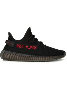 black/red Primeknit construction side stripe detailing round toe front lace-up fastening pull-tab at the heel branded insole rubber outsole Yeezy 750, Sply 350, Yeezy Sneakers, Yeezy Boost 350 V2, Yeezy 350, Red Sneakers, 350 V2, Adidas Yeezy Boost 350