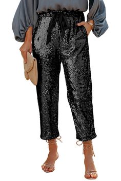 Black Pocketed Sequin Crop Pants Bottoms With Pockets For Fall Parties, Casual Black Sequined Bottoms, Party Bottoms With Pockets For Fall, Fall Party Bottoms With Pockets, Black Party Pants With Pockets, Black Ankle-length Party Pants, Black Stretch Pants With Sequins, Black Party Bottoms With Pockets, Party Pants With Pockets And Tapered Leg