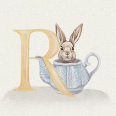 a drawing of a rabbit in a teacup with the letter r