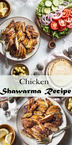 chicken shawarma recipe on a white tablecloth with plates and bowls filled with food