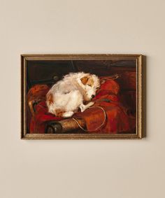 a painting of a dog laying on top of a red couch next to a white wall