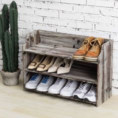 an old wooden shoe rack with several pairs of shoes on it next to a cactus