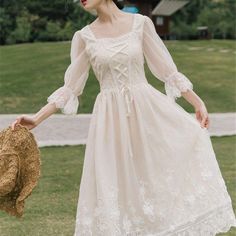 Vintage-Aesthetic Summer Fairy Lace-up Dress - Soft Girl Aesthetic Fairy Dress Casual, Vintage Retro Dress, Princess Fairy Dress, Women French Style, Chiffon Party Dress, French Women Style, 파티 드레스, Cottagecore Fashion, Retro Vintage Dresses