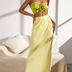 Bandeau And Skirt 2 Piece Spring Party Skirt, Spring Party Bandeau Skirt, Spring Bandeau Party Skirt, Spring Beach Bandeau Skirt, Chic Yellow Tube Top For Beach, Chic Yellow Tube Top For The Beach, Davids Bridal Gowns, Yellow Midi Skirt, Tube Top And Skirt