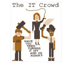 the it crowd cross stitch pattern with two people and one is pointing at something in the distance