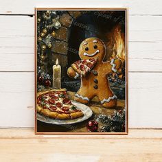 a painting of a gingerbread man and a pizza on a table next to a lit candle