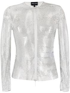 silver-tone silk stretch-design mesh panelling round neck front two-way zip fastening long sleeves buttoned cuffs straight hem Mesh T Shirt, Jersey Shirt, Active Wear For Women, Giorgio Armani, Fashion Branding, Round Neck, Active Wear, Long Sleeves, Mesh