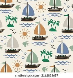 seamless pattern with sailboats and palm trees