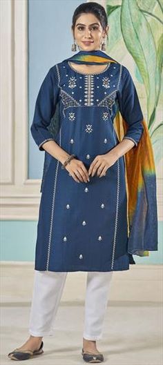 Blue color Salwar Kameez in Viscose fabric with Embroidered work Blue Chanderi Churidar With Self Design, Blue Art Silk Churidar With Self Design, Festive Blue Unstitched Suit With Self Design, Blue Salwar Kameez With Self Design For Eid, Blue Churidar With Self Design And Straight Kurta, Blue Self Design Salwar Kameez For Eid, Blue Straight Kurta Churidar With Self Design, Eid Blue Palazzo Set With Self Design, Blue Self Design Palazzo Set For Eid