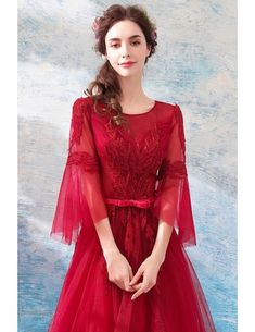 Burgundy Long Red Formal Party Dress A Line With Bell Sleeves Wholesale #T69222 - GemGrace.com Red Long Sleeve Banquet Dress, Red Gown For Christmas Formal Occasion, Red Evening Dress For Christmas Banquet, Red Christmas Evening Dress For Banquet, Red Christmas Dress For Banquet, Red Christmas Banquet Dress, Festive Red Dress For Banquet, Red Long Sleeve Gown For Holidays, Red Long Sleeve Holiday Gown