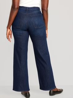 button front belt loops zip fly front scoop pockets back patch pockets sits at belly button loose hip and thigh 31" regular inseam 29" petite inseam 35" tall inseam models are approx.  5'9" and wear sizes s (4), l (12), and xl (18) Non-stretch Flare Jeans For Workwear, Fall Wide Leg Jeans With Patch Pockets, Non-stretch High Waist Bottoms With Five Pockets, Non-stretch Flare Jeans With Pockets, Non-stretch Full-length Flare Jeans With Pockets, Dark Wash Wide Leg Bottoms With Welt Pockets, Mid-rise Dark Wash Pants With Hip Pockets, Wide Leg Dark Wash Bottoms With Welt Pockets, Dark Wash Wide Leg Pants For Work