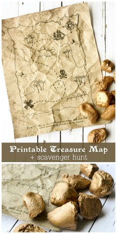 an old map and some mushrooms on a white wooden background with text that reads printable treasure map scavenger hunt