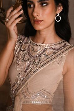 Beige gown featuring embroidered floral scallop patterned padded bodice highlighted by mirrorwork, crystals and sheer layered silhouette with attached drape on waistline. - Aza Fashions Beige Gown, Layered Gown, Fashion App, Aza Fashion, Online Design, Bodice, Crystals, Floral, Pattern