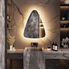 a modern bathroom with marble counter tops and lighting on the wall, along with shelves filled with bottles