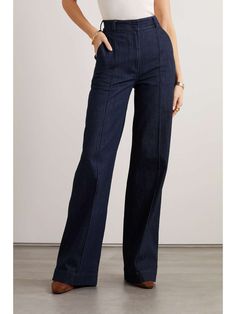 ANOTHER TOMORROW + NET SUSTAIN high-rise straight-leg stretch organic jeans | NET-A-PORTER Women Jeans Pants, Highwater Jeans Outfit, Casual Dress Pants Outfits, Pants Poses, Smart Jeans, Classy Jeans, High Waisted Straight Leg Jeans, Leg Stretching, Straight Leg Trousers