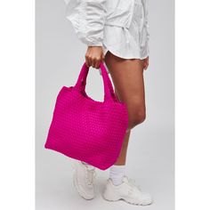 Woman wearing Fuchsia Sol and Selene Sky's The Limit - Medium Tote 841764107815 View 1 | Fuchsia Streetwear Dress, Athleisure Tops, Exterior Details, Flying High, Streetwear Tops, Top Streetwear, Glass Ceiling, Medium Tote, Cross Body Bag