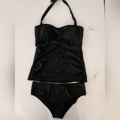 Nicole Miller Studio Black Two Piece Swimsuit/ Bathing Suit Womens Size Medium Black Lined Tankini For Swimming, Elegant Fitted Black Tankini, Elegant Black Stretch Swimwear, Fitted Black Lined Tankini, Elegant Black Tankini For Swimming, Black Lined Tankini For Party, Black Fitted Tankini For Party, Fitted Black Tankini For Party, Black Fitted Party Tankini