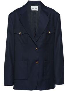 navy blue wool notched lapels front button fastening long sleeves two chest flap pockets two side patch pockets straight hem Double-breasted Blazer With Patch Pockets For Work, Classic Blazer Dress With Lapel Collar And Welt Pockets, Classic Blazer Dress With Welt Pockets And Lapel Collar, Elegant Long Sleeve Miu Miu Outerwear, Office Blazer With Notch Lapel And Pockets, Elegant Miu Miu Long Sleeve Outerwear, Luxury Outerwear With Welt Pockets For Office, Luxury Office Outerwear With Welt Pockets, Luxury Sport Coat With Lapel Collar And Pockets