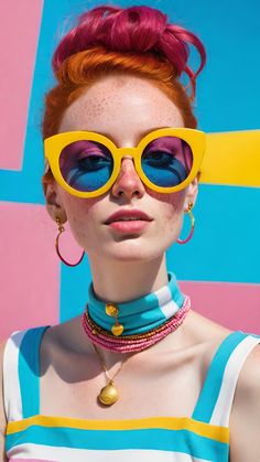 a woman with red hair wearing yellow sunglasses