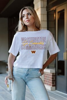 Show your support for the Washington Commanders with this stylish and comfortable women's crop tee. Featuring a boxy fit and the team's inspirational slogan "Keep Playing," this tee is perfect for game day or everyday wear. Made from high-quality materials, it will keep you cool and comfortable all day long. Sports Letter Print Crop Top T-shirt, Cropped Cotton Sports T-shirt, Cropped Cotton T-shirt For Sports, White Relaxed Fit Cropped T-shirt With Text Print, White Cropped T-shirt With Text Print, Relaxed Fit, White Boxy Fit Top With Letter Print, White Relaxed Fit Cropped T-shirt For Streetwear, White Graphic Tee Cotton Cropped Shirt, White Crew Neck Crop Top For Sports