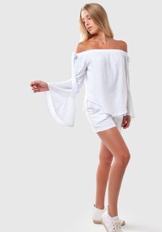 100% Linen Off The Shoulder Top With Bell Sleeves S to XXXL - Claudio Milano White Off-shoulder Summer Top For Vacation, Fitted White Off-shoulder Top For Summer, White Fitted Off-shoulder Top For Summer, White Cold Shoulder Blouse For Spring, Spring White Cold Shoulder Blouse, One Shoulder White Blouse For Day Out, White One Shoulder Blouse For Day Out, White One-shoulder Blouse For Day Out, Elegant White Off-shoulder Top For Day Out