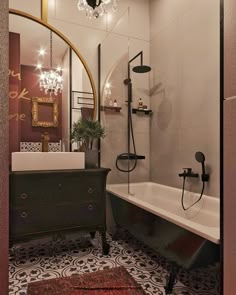 a bathroom with a bathtub, sink, and mirror in the middle of it