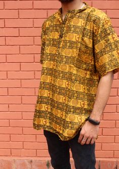 Yellow Printed Camp Shirt, Traditional Printed Yellow Tops, Printed Short Sleeve Blouse For Festival, Yellow Printed Tops For Festival, Yellow Printed Festival Tops, Yellow Long Sleeve Top For Festivals, Traditional Printed Tops For Festivals, Traditional Yellow Tops For Festivals, Traditional Festive Yellow Top