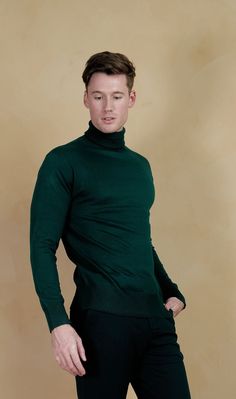 This fine Men's Turtleneck sweater in very high quality fine-knit material.  It boasts long sleeves with delicate ribbing at the cuffs and the hem. Sleek and chic Perfect choice for warmth Very slim fit, consider ordering a size up. Classic Long Sleeve Knitted Polo Sweater, Green Long Sleeve Polo Sweater For Winter, Classic Knit Turtleneck With Ribbed Cuffs, Winter Green Polo Sweater With Ribbed Cuffs, Green Winter Polo Sweater With Ribbed Cuffs, Wool Long Sleeve Turtleneck, Fitted Polo Sweater For Winter Workwear, Green Long Sleeve Polo Sweater With Ribbed Cuffs, Modern Sweater With Ribbed Collar For Winter