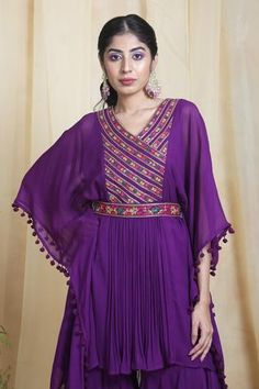 Shop for Miku Kumar Purple Georgette Embroidered Kurta Gharara Set for Women Online at Aza Fashions Purple Kaftan, Kaftan Sleeves, V Neck Kurta, Cutdana Work, Embroidered Belt, Set For Women, Aza Fashion, Ruffle Hem, Sleeve Type