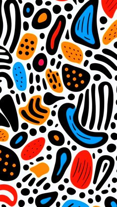 an abstract pattern with black, red, orange and blue shapes on white background illustration