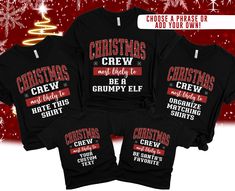 Get festive with our 'Most Likely To' Christmas group shirts! These fun and stylish tees are perfect for matching family outfits or holiday gatherings. Spread holiday cheer with our matching Christmas shirts! ------ How To Place Your Order ------ 1. Review All Photos: Ensure you have looked over all the photos provided. 2. Select Style/Size: Select your desired item and size 3. Choose a phrase from the drop-down menu or select "CUSTOM" and enter in the personalization box below the drop-down men Funny Christmas Pre-shrunk Tops, Family Matching Christmas T-shirt With Graphic Print, Christmas Short Sleeve Top With Funny Text, Funny Black Christmas T-shirt, Black Christmas Tops With Text Print, Black Tops With Text Print For Christmas, Funny Christmas Crew Neck Top, Black Text Print Top For Christmas, Festive Crew Neck T-shirt For New Year