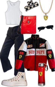 Cute Racing Outfits, Formula Jacket Outfit, Formula 1 Aesthetic Outfit, F1 Race Weekend Outfits, F1 Wife Outfits, Gran Prix Outfit, Formula One Outfit Ideas, Outfits With Ferrari Jacket, Formula 1 Fashion Outfits